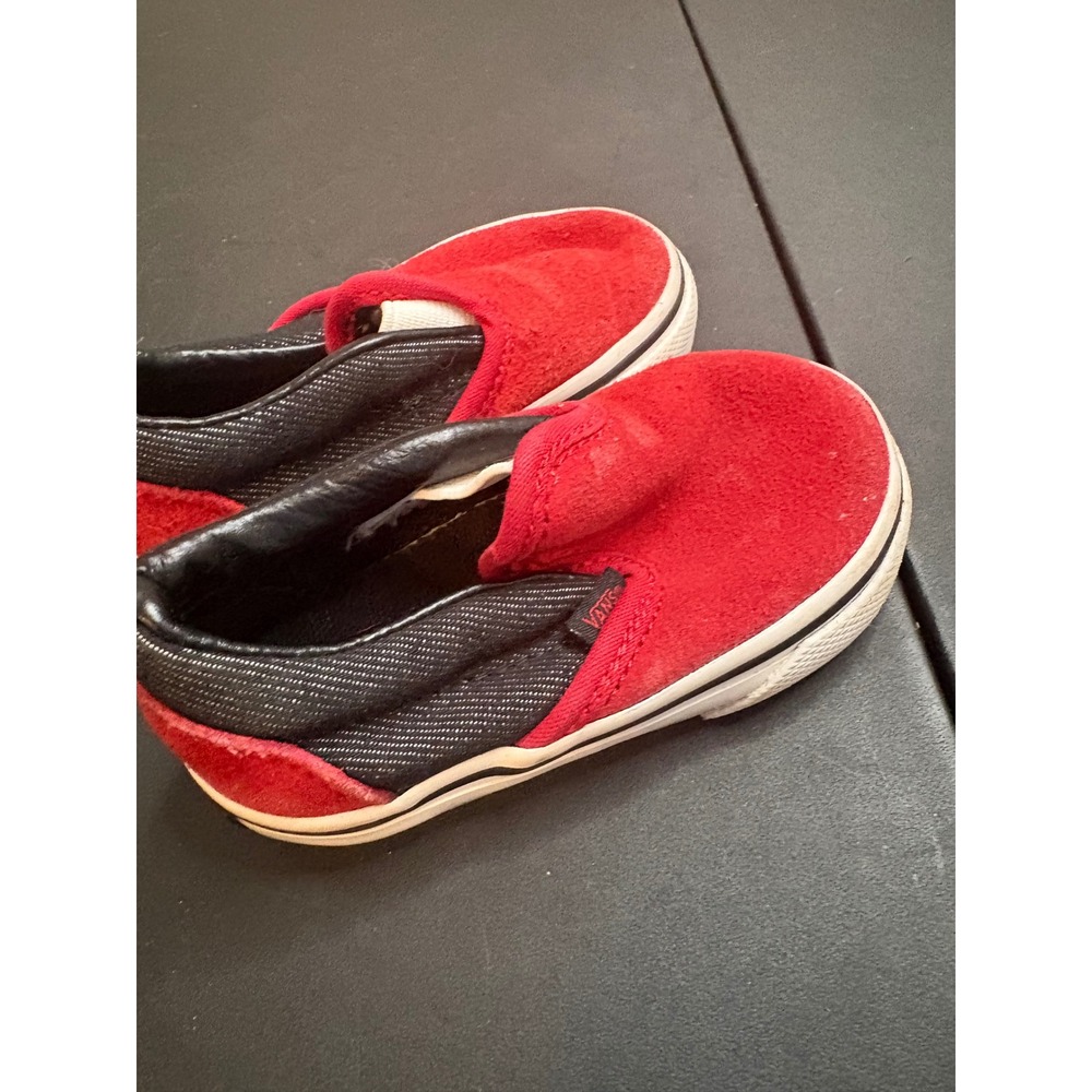 Vans Classic Slip-On Toddler Shoes Red Suede Black Denim Size 4.0‎ Toddler
